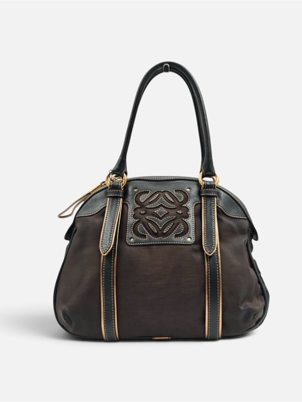 Vintage Loewe Anagram Black Nylon Leather Handbag Shoulder Bag
